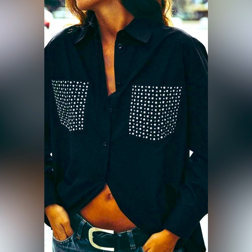 ZARA Black Studded Oversized Poplin Shirt - Size L - New